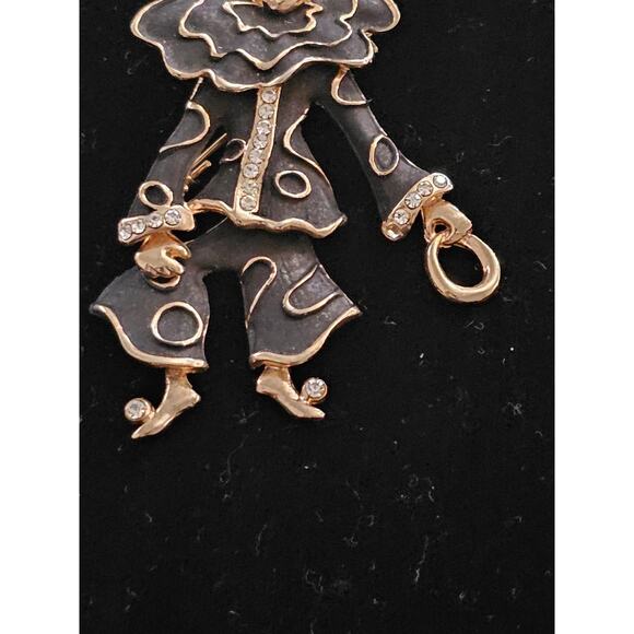 Vintage Estate Articulating Clown Brooch Gold Tone Black Enamel Rhinestone - Picture 3 of 6